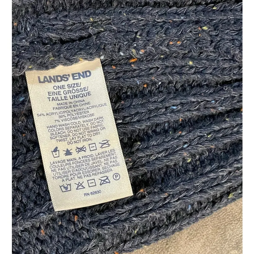 Lands End Beanie Hat Blue Speckled Marled Knit Cuff Winter Ski Unisex Headwear